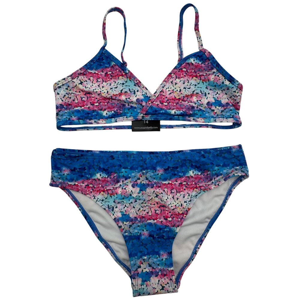 Ava & Yelly Two-Piece Swimsuit Abstract Mosaic Print Girls 14 Blue Pink Beach
